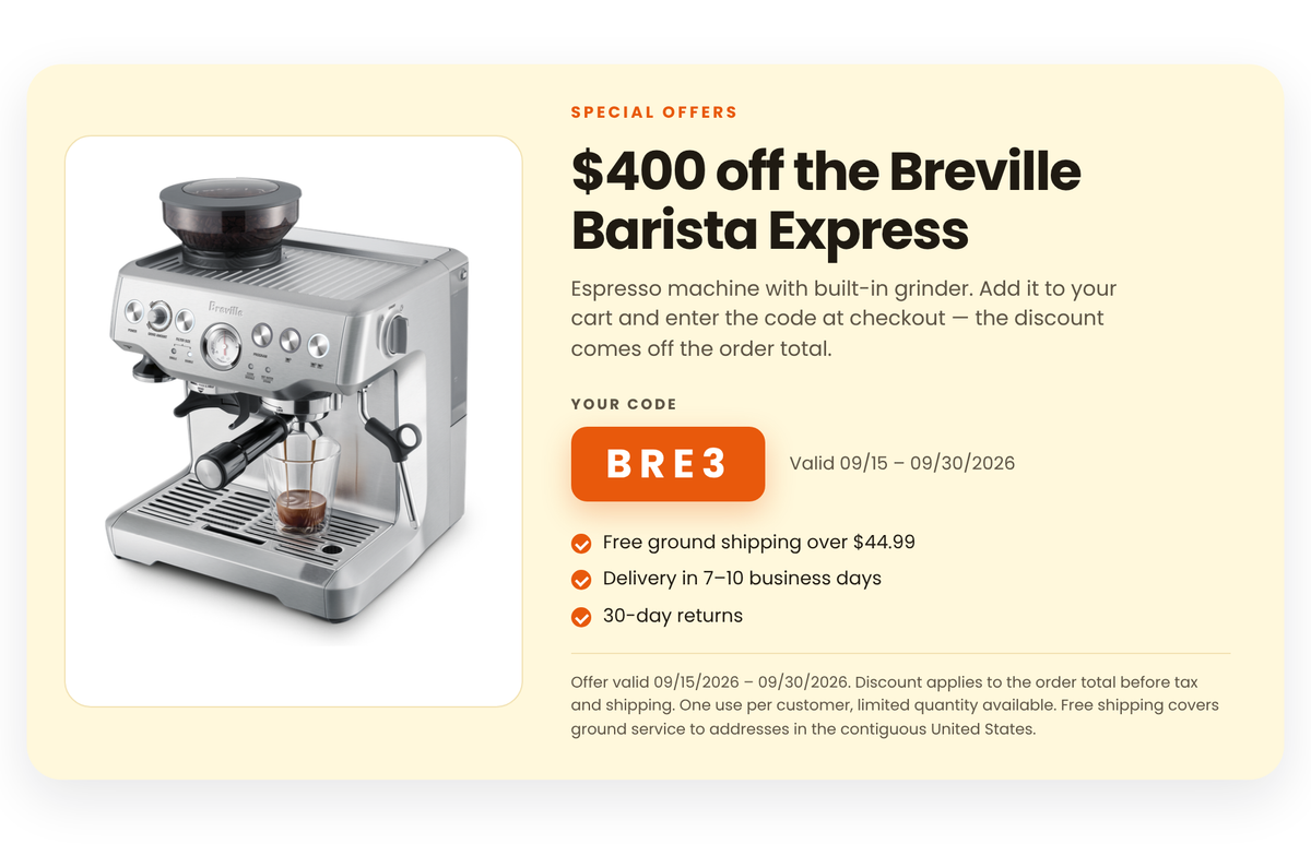 Breville Barista Express Espresso Machine (Code BRE3)